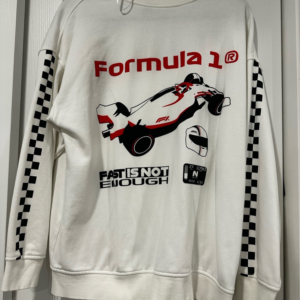 H&M White Crewneck Sweater with Red & Black Racing Graphics